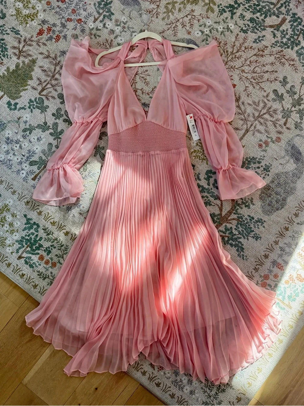NEW Alice + Olivia Pink Dress Pleated Midi Balloon Puff Jasmine Sleeve, Small